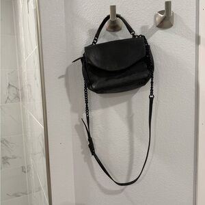 Compact Black Leather Crossbody Bag with Chain-Accent Strap